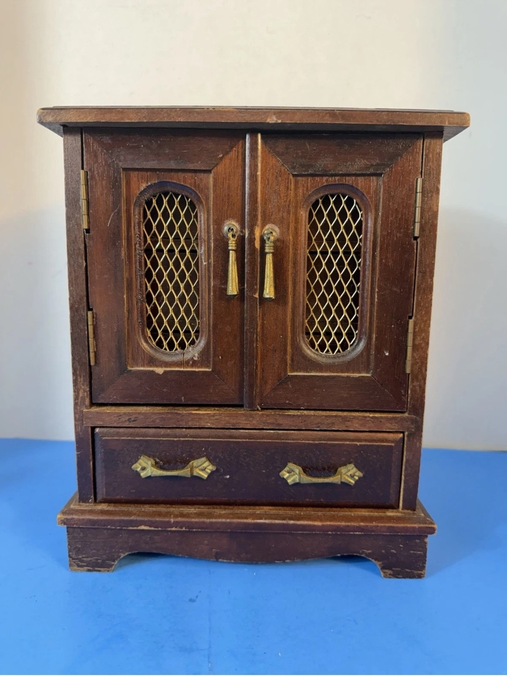 Vintage Wooden Jewelry Cabinet with Brass Accents - Brown